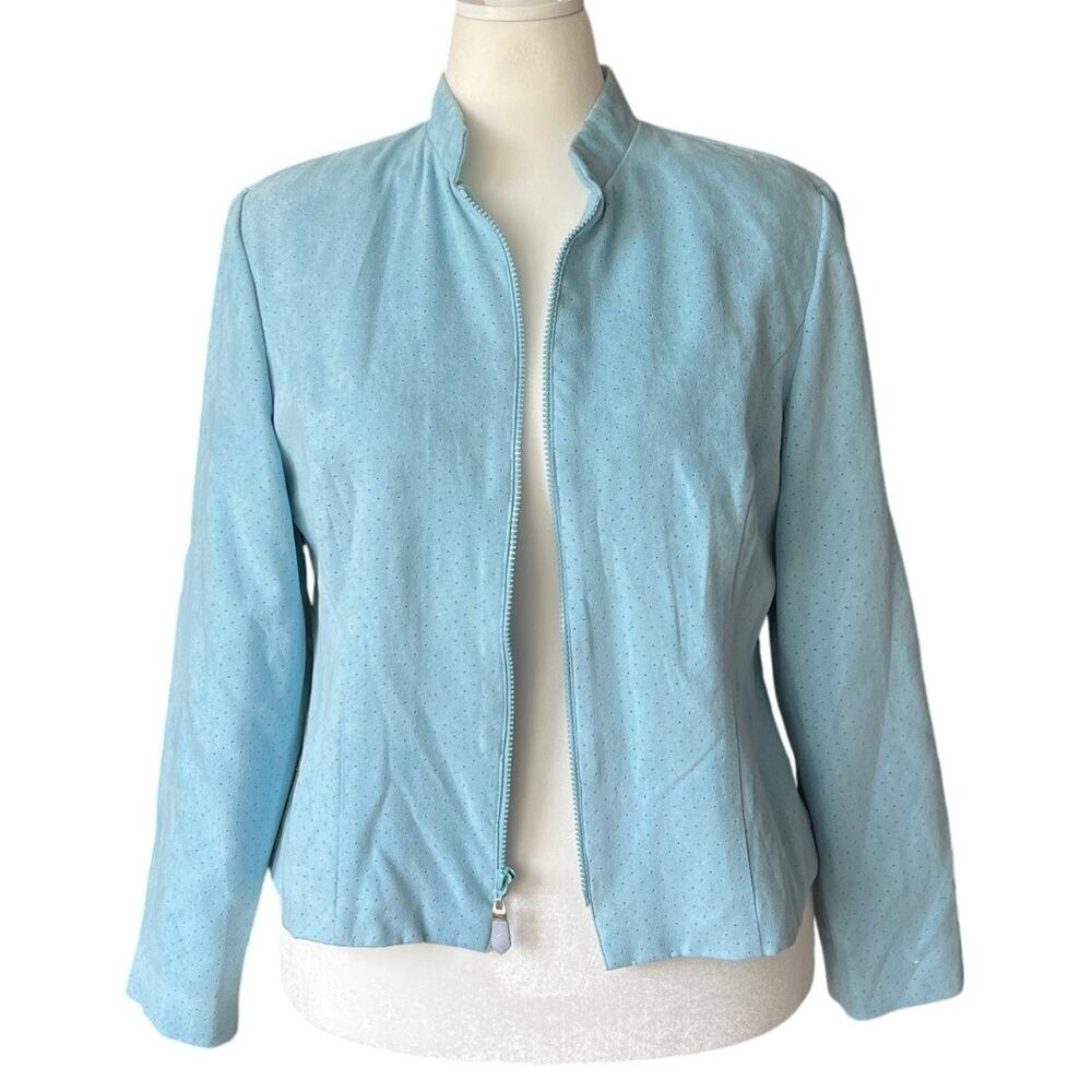 Dressbarn Pastel Blue Full Zip Faux Suede Jacket Women Size L Spring Robin's Egg